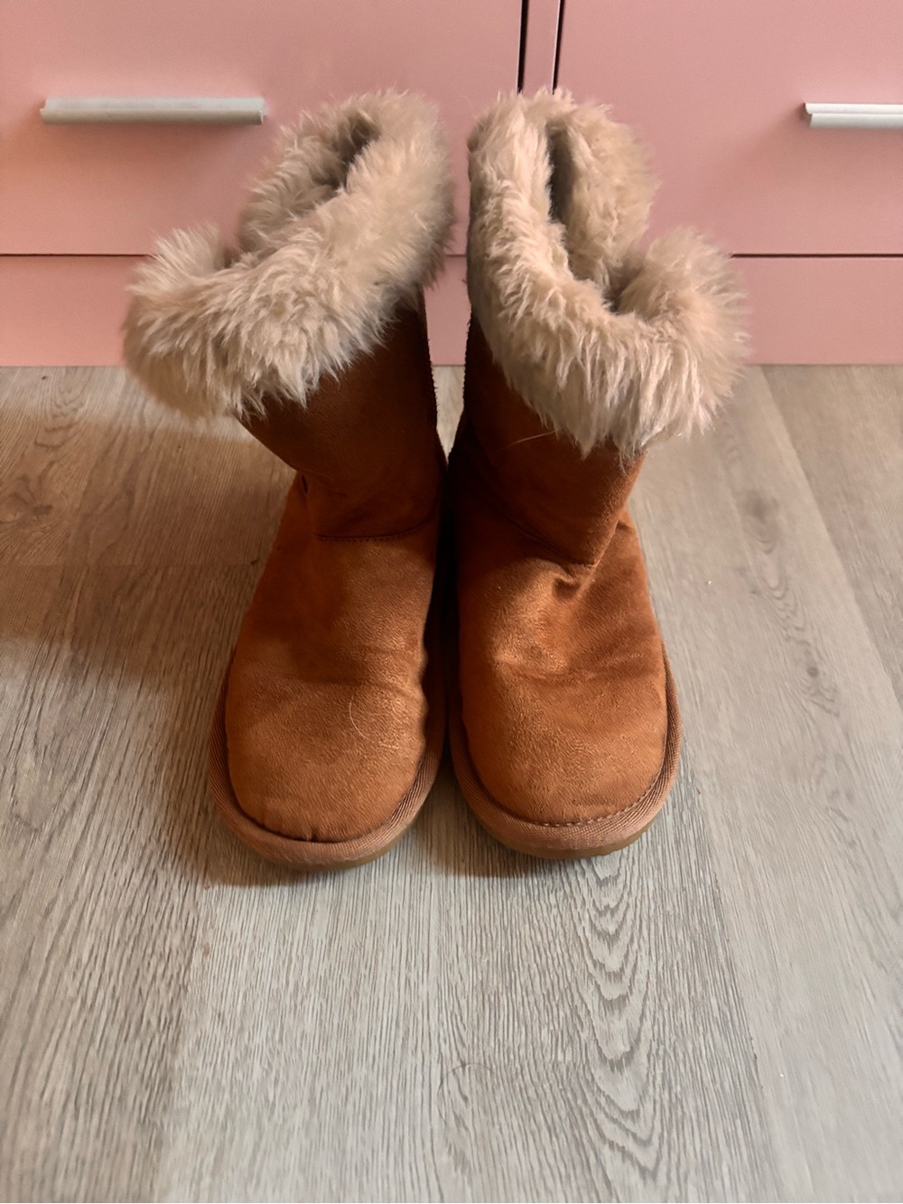Place Chestnut Suede-Style Ankle Boots with Cream Faux Fur Cuff